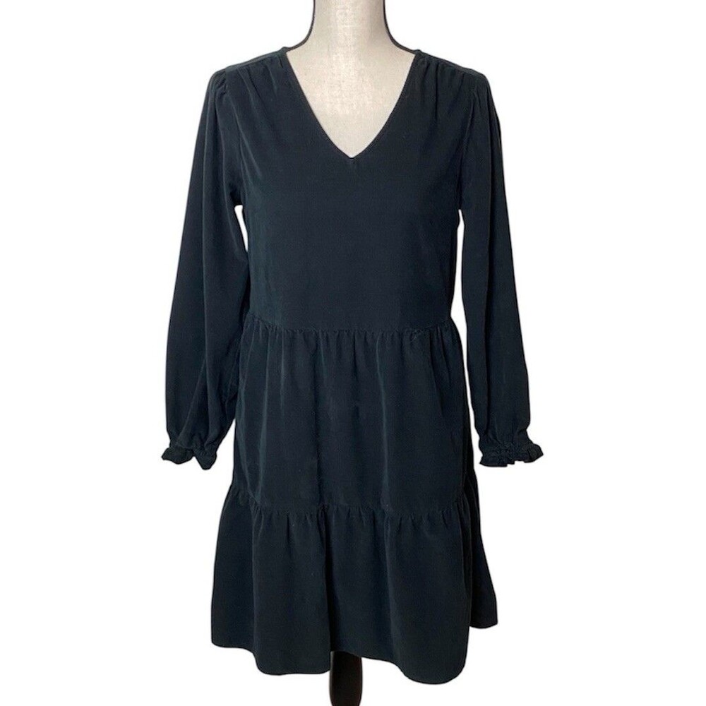 Time And Tru Mini Dress Black Fine Wale Corduroy Tiered Goth Coquette Size XS